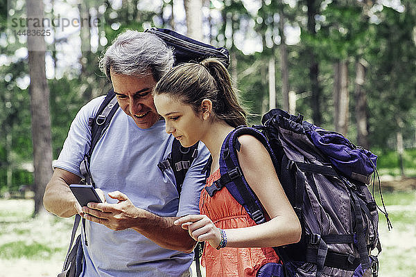 Vater und Tochter benutzen ein Smartphone im Wald