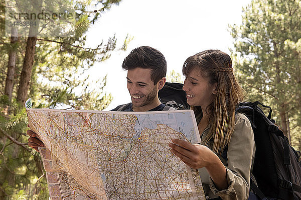 Junges Paar mit Karte im Kiefernwald stehend