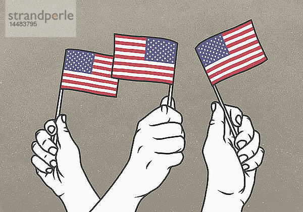 Hände  die kleine amerikanische Flaggen schwenken