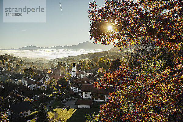 Sonniger  idyllischer Herbstblick auf das Stadtbild  Bad Kohlgrub  Bayern  Deutschland