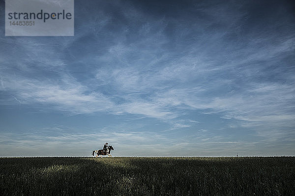 Cowboy reitet Pferd in ländlichen Feld unter blauem Himmel und Wolken