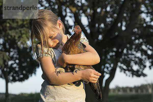 Mädchen hält Buschhuhn auf Bauernhof