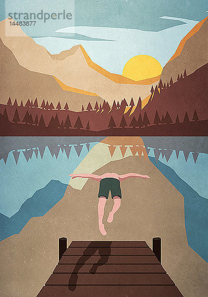 Mann springt von Steg in ruhigen Bergsee