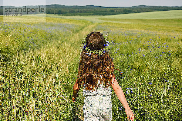 Mädchen mit Blumen im Haar spaziert auf einer sonnigen  idyllischen grünen Wiese