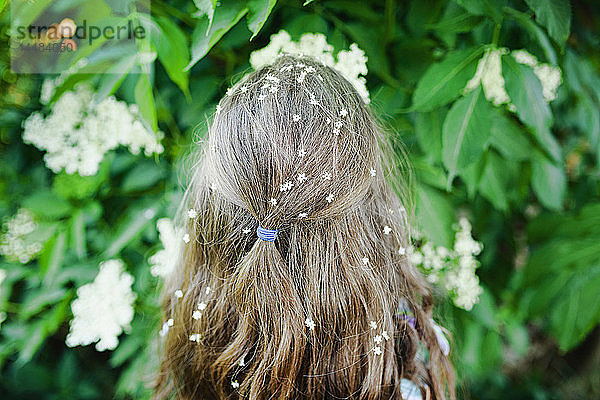 Mädchen mit Blumen im Haar an blühendem Busch stehend