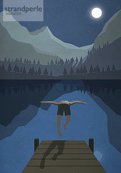 Mondlicht leuchtet über Mann springt von Steg in ruhigen Bergsee