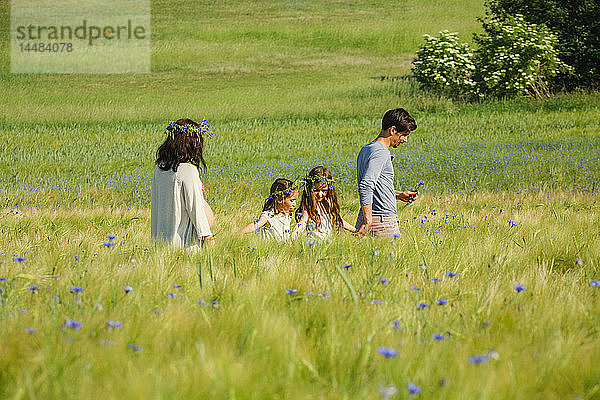 Familienspaziergang auf einer sonnigen  idyllischen  grünen Wiese mit Wildblumen