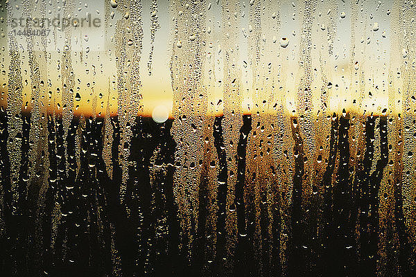 Regentropfen und Kondenswasser am Fenster mit Blick auf den Sonnenuntergang