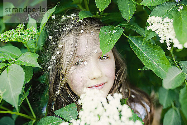 Portrait Mädchen mit Blumen im Haar in blühendem Busch