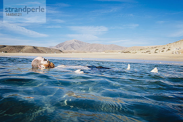 Unbeschwerter Mann  der im blauen Meerwasser schwimmt  Papagayo Beach  Lanzarote  Kanarische Inseln  Spanien