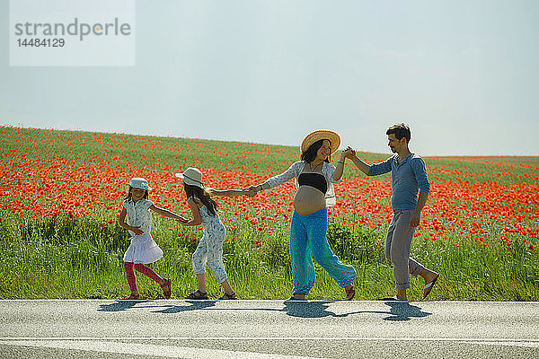 Glückliche schwangere Familie  die sich an den Händen hält und an einem sonnigen roten Mohnfeld entlanggeht