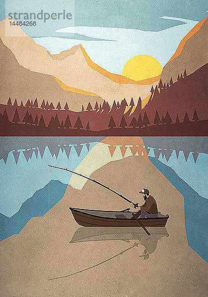 Mann fischt im Boot auf einem ruhigen Bergsee