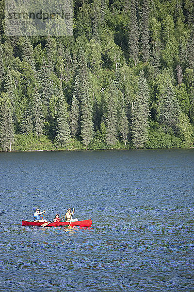 Eine Familie paddelt gemeinsam ein Kanu auf dem Byers Lake  Sommer  Denali State Park  Süd-Zentral-Alaska