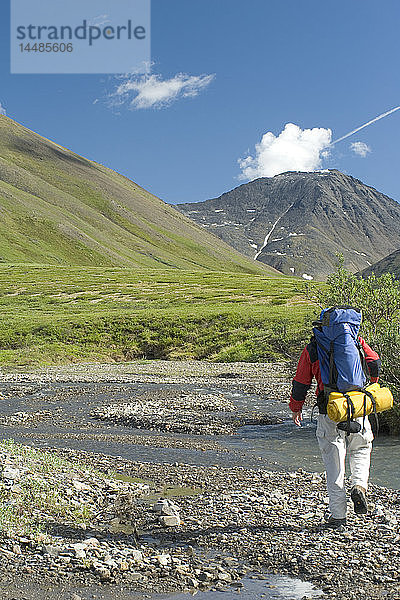 Mann auf Rucksacktour entlang des Chandalar River in der Brooks Range im Sommer im arktischen Alaska