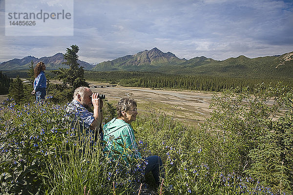 Älteres Paar überblickt das Teklanika-Flusstal im Denali-Nationalpark  Alaska  im Sommer