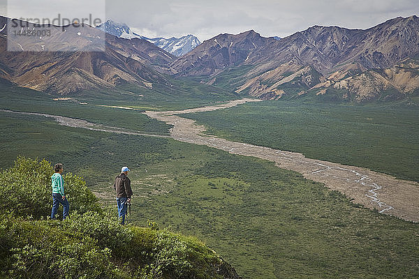 Älteres Paar überblickt das Tal vom Polychrome-Pass im Denali National Park  Alaska im Sommer