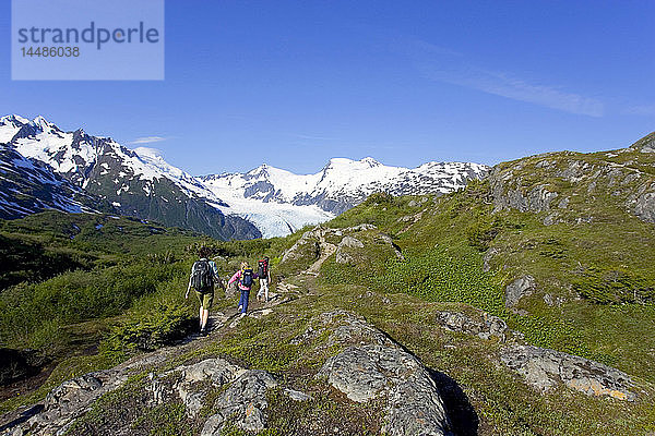 Familie Betrachtung der Landschaft auf Portage Pass Summit w/Portage Gletscher Chugach Mtns & National Forest Southcentral Alaska Sommer