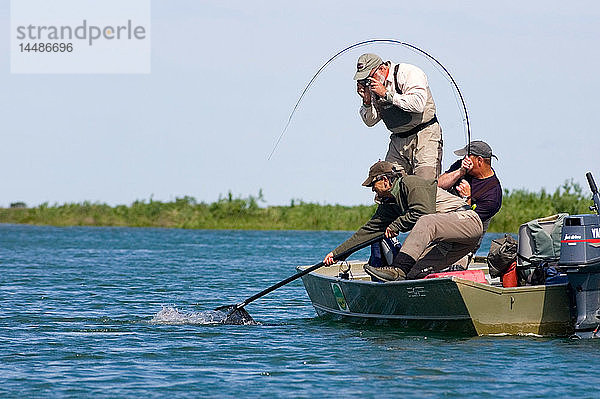 Fliegenfischer kämpft vom Boot aus mit Chinook-Lachsen  während ein Angler fotografiert und ein anderer den Fisch im Kanektok River in Alaska einkeschert