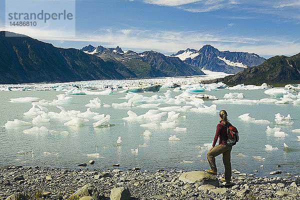 Eine Wanderin macht eine Pause  um den Bear Glacier vom Ufer des Bear Glacier Lake im Kenai Fjords National Park  Kenai Peninsula  Southcentral Alaska  Sommer  zu betrachten.