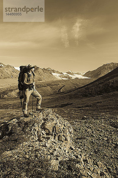 Männlicher Rucksacktourist hält an  um den Gulkana-Gletscher zu betrachten  während er in der Alaska Range wandert  Southcentral Alaska  Sommer/n