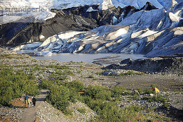 Blick auf Wanderer auf dem Weg zum Spencer Glacier  Chugach National Forest  Kenai Peninsula  Southcentral Alaska  Sommer