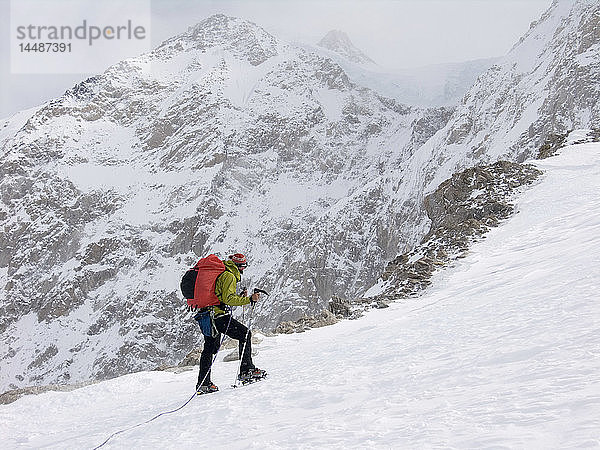 Frau nähert sich dem Gipfel des Motorcycle Hill während ihres Aufstiegs auf dem West Buttress des Denali im Denali National Park. Frühling im Inneren Alaskas.