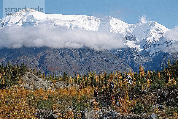 Zwei Wanderer genießen die Herbstfarben  als sie von einer einwöchigen Rucksacktour im Wrangell-St.Elias-Nationalpark in Süd-Zentral-Alaska zurückkehren.