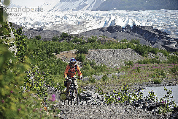 Frau beim Radfahren auf dem Weg zum Spencer Glacier  Chugach National Forest  Kenai Peninsula  Southcentral Alaska  Sommer