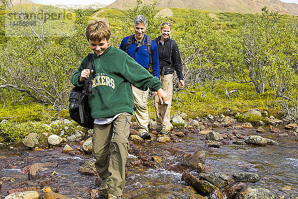 Familie beim Überqueren eines Baches während einer Wanderung in der Tundra in der Alaska Range in der Nähe des Highway Pass  Denali National Park  Interior Alaska  Sommer/n