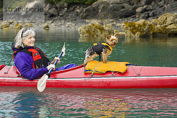 Ältere Seekajakfahrerin mit Shih-Tzu-Hund als Passagier in der Halibut Cove  Alaska