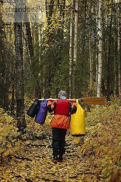 Frau trägt Trockensäcke und Paddel auf dem Trail SC AK Autumn Nancy Lake SRA