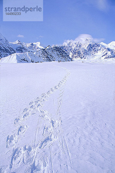Schneeschuhläufer & Spuren im Schnee Ruth Glacier Winter Int AK Denali NP