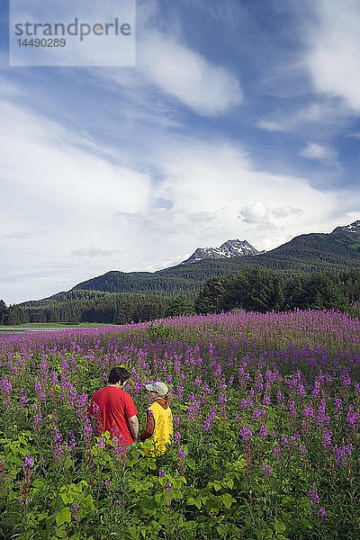 Paar wandert zwischen Fireweed Admiralty Is Tongass National Forest Südost Alaska Sommer