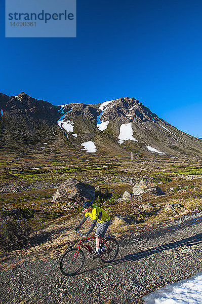 Ein Mann fährt an einem sonnigen Sommertag im Powerline Pass Valley im Chugach State Park in Southcentral Alaska mit dem Fahrrad.