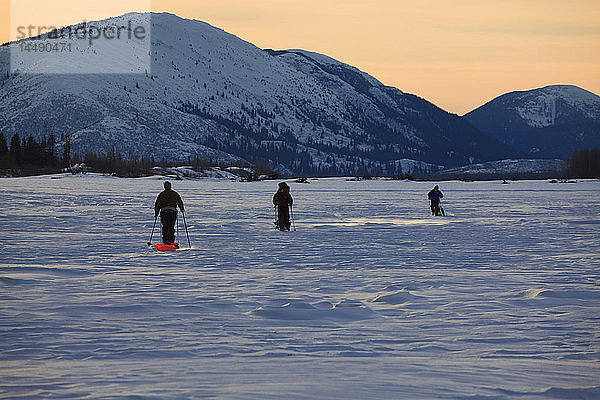 Eine Gruppe von Männern fährt auf dem Stikine River  während sie Schlitten mit Ausrüstung am späten Nachmittag ziehen  während das Licht mit Farm Island im Hintergrund zu verblassen beginnt  Stikine-LeConte Wilderness  Tongass National Forest  Südost-Alaska