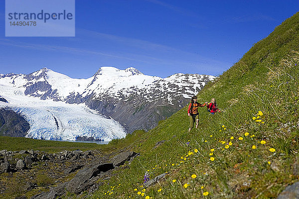 Mutter und Tochter wandern auf steilem  mit Wildblumen bedecktem Berghang Portage Pass Trail Chugach NF Alaska