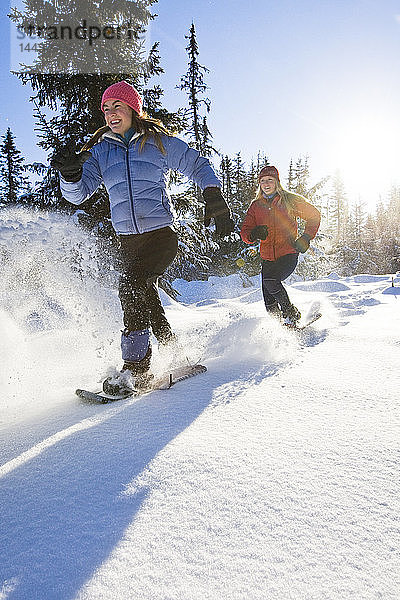Zwei junge Frauen auf Schneeschuhen genießen im Winter die freie Natur in der Nähe von Homer  Alaska.