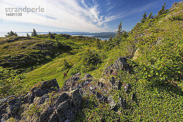 Wanderer auf einem Pfad am Berghang des Pillar Mountain  Kodiak Island  Südwest-Alaska