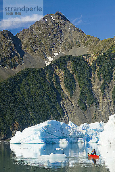 Eine Kanufahrerin paddelt zwischen den Eisbergen im Bear Glacier Lake in der Nähe des Bear Glacier  Kenai Fjords National Park  Kenai Peninsula  Southcentral Alaska  Sommer