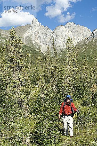 Mann auf Rucksacktour in der Brooks Range im Sommer im arktischen Alaska