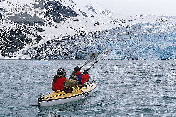 Kajakfahrer paddeln in die Reid Inlet in der Glacier Bay. Sommer im Südosten Alaskas