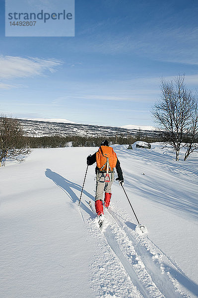Ein Mann beim Skifahren  Rückansicht