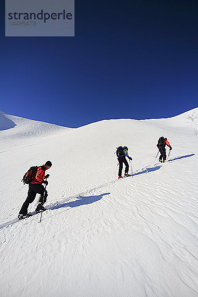 Skifahrer besteigen einen Berg  Lappland  Schweden.