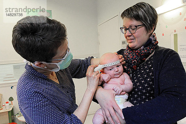 Reportage in einem französischen Mütter- und Kinderschutzzentrum in Chateaubriant  Frankreich. Konsultation mit einem Kinderarzt. Messung des Kopfumfangs.