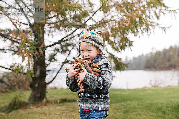 Junge mit einem Arm voll brauner Tannenzapfen  Kingston  Ontario  Kanada