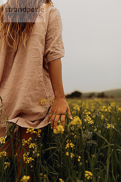 Junge Frau geht im gelben Wildblumenfeld  Rückansicht  Jalama  Kalifornien  USA