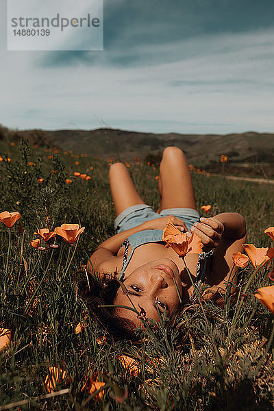 Junge Frau liegt im Feld von Wildblumen  Porträt  Jalama  Kalifornien  USA