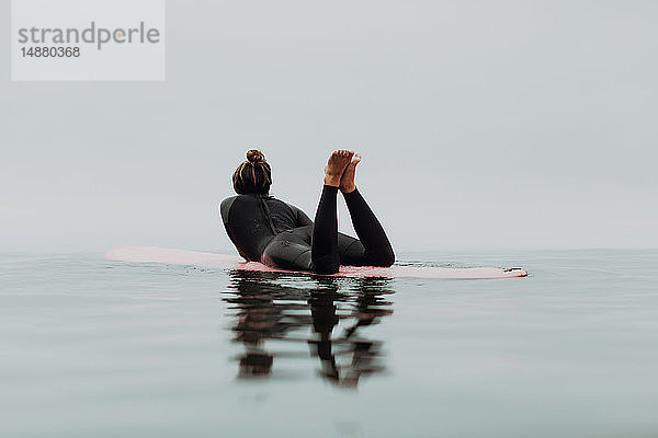 Junge Surferin liegt auf einem Surfbrett in ruhiger  nebliger See  Rückansicht  Ventura  Kalifornien  USA