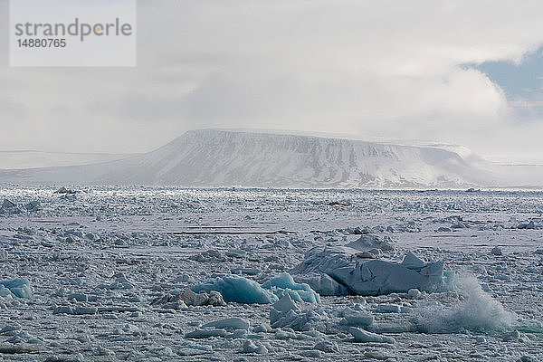 Arktisches Meereis und schneebedeckte Küstenlandschaft  Wahlenberg-Fjord  Nordaustlandet  Svalbard  Norwegen.