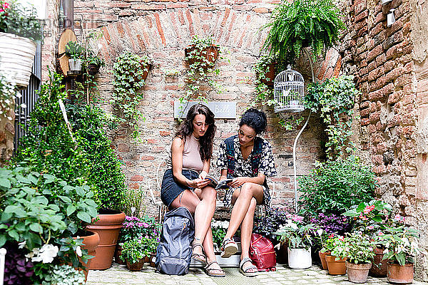 Freunde genießen friedliche Ecke mit Pflanzen  Città della Pieve  Umbrien  Italien